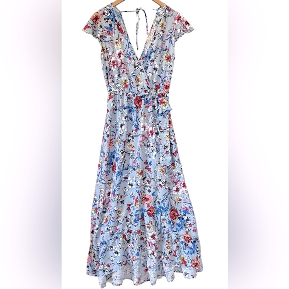 Beautiful Floral Faux Wrap Dress with Waist Tie, Pockets and Back Tie Size XS